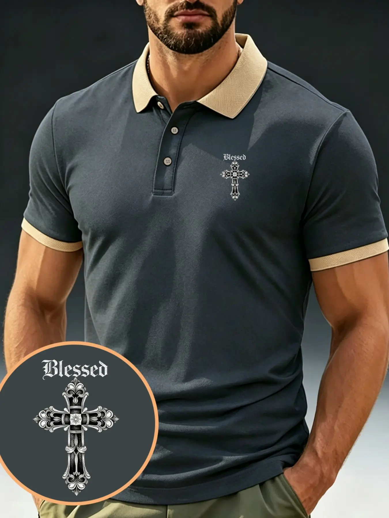 Men's Colorblock Collar Short Sleeve Polo Shirt, Blessed Vintage Cross Print, Casual Breathable Golf Polo Top, Slim-Fitting