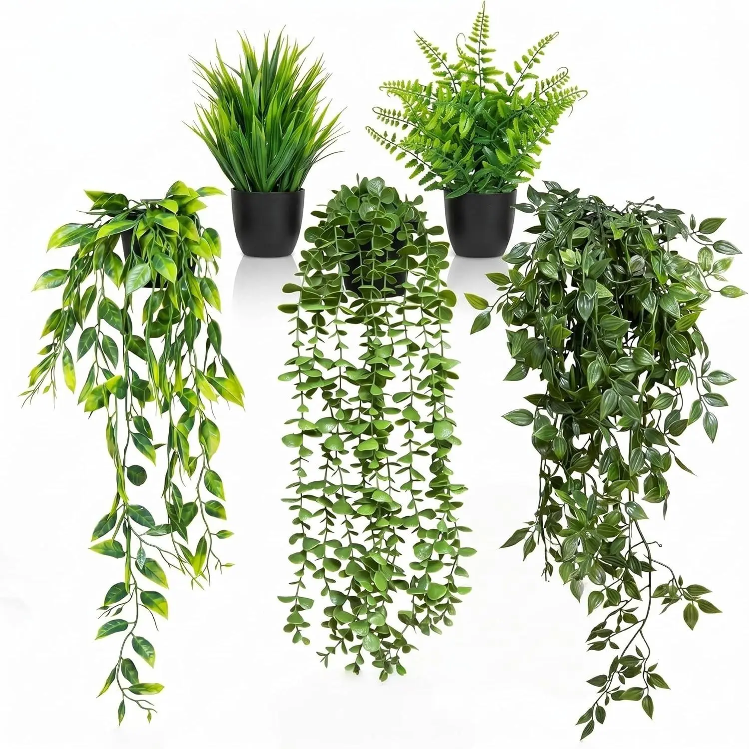 5 Pack Fake Plants - Artificial Hanging Plants & Small Potted Faux Eucalyptus Fern Ivy, UV Resistant Maintenance-Free, for Shelf Wall Desk Home Office Bathroom Indoor Outdoor Decor