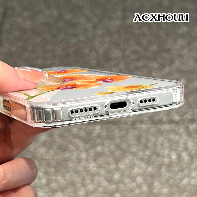 Magnetic Compatible Case for iPhone 16 E Pro Max 15 Plus 14 13 12 11 XS XR, Cute Orange Orchid Watercolor Design | Shockproof, Stylish, Girly, Scratch Resistant, and Silicone Protection