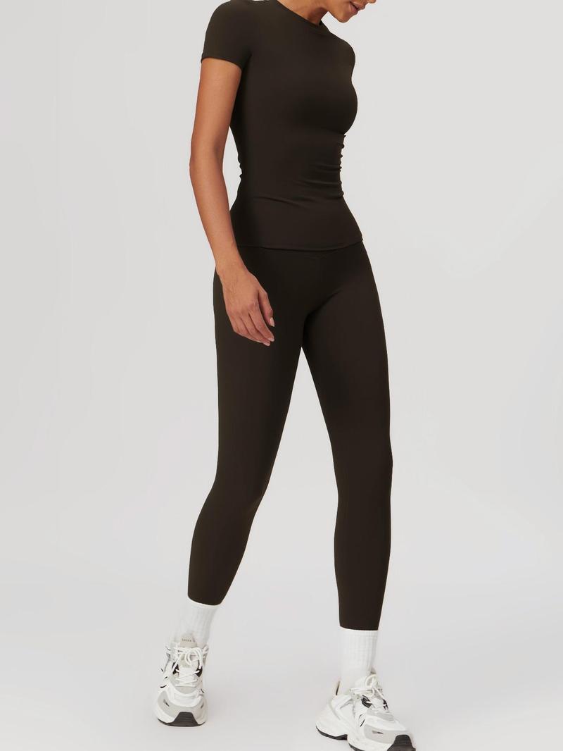 Women's Plain Round Neck Crop Tee & High Waist Leggings Yoga Set, Breathable Quick-Drying Short Sleeve T-Shirt & Skinny Pants Set for Gym Workouts and Running, Ladies' Sportswear for All Seasons, Athleisure Wear