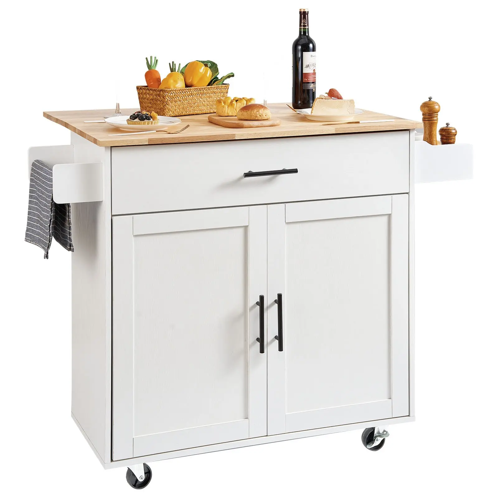 【Summerfinds】VEVOR Waterproof White-Drop Leaf Kitchen Island Cart with Solid Wood Top, 35.4" Width Adjustable Mobile Cart with 1 Drawer, 2-Door Storage Cabinet, Spice Rack, Towel Rack, Space-Saving Design, Portable on Wheels, Assembly Required, Storage Or