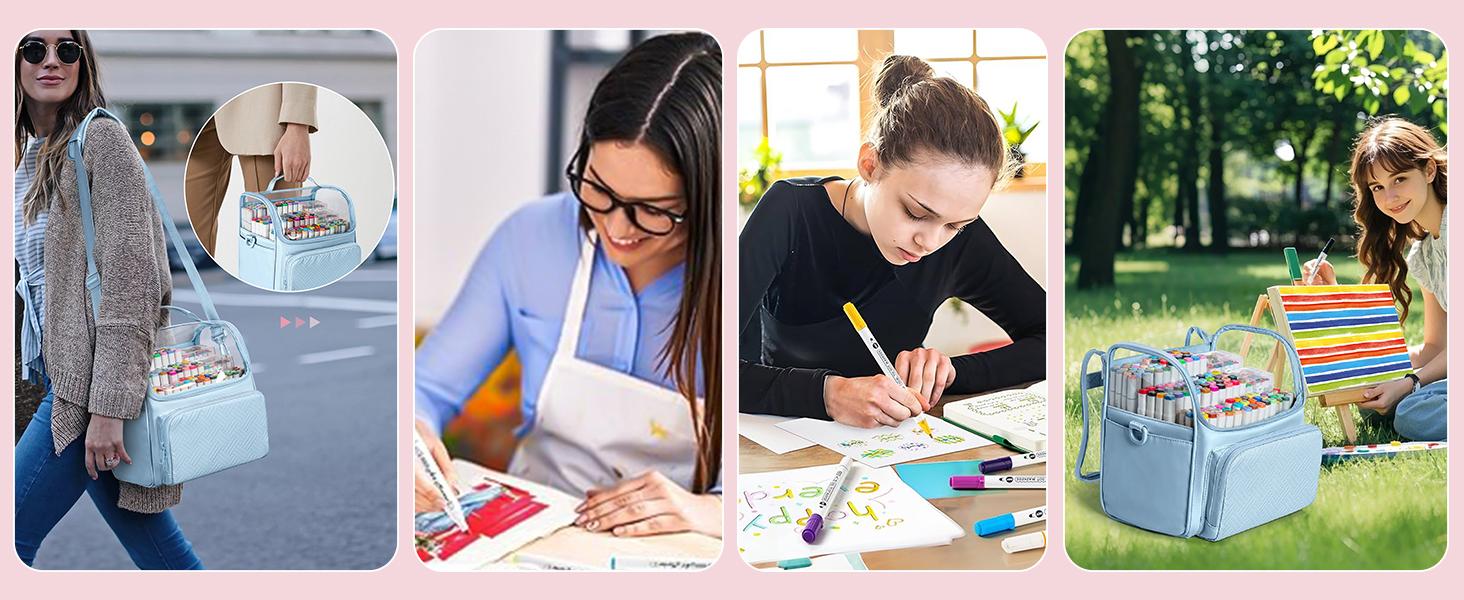 Large Marker Organizer Case for 180 Markers, Marker Storage Bag for Markers, Paint Brushes, Colored Pencils or Other Art Supplies with Dividers and Shoulder Strap (Blue)