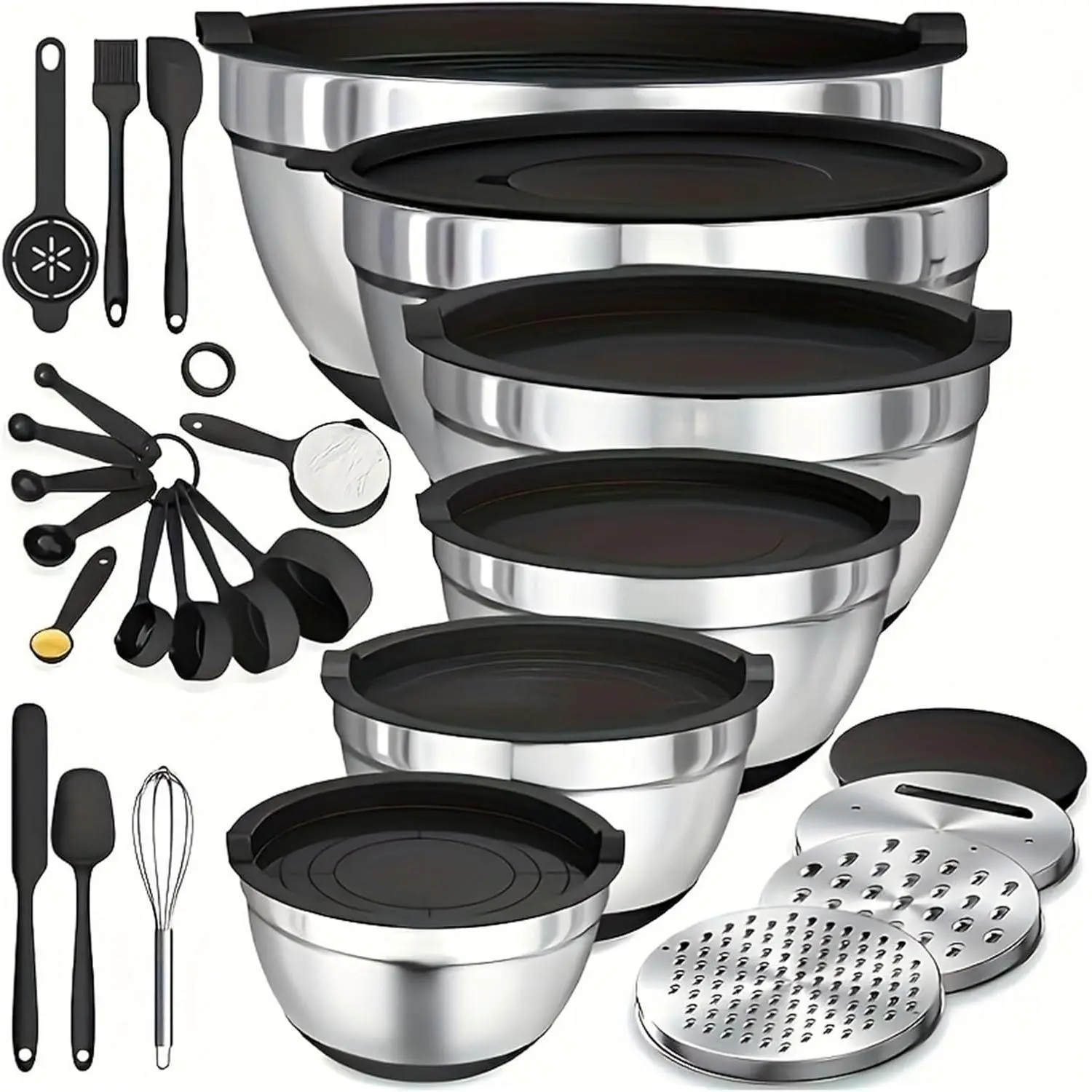 6PCS Stainless Steel Nesting Mixing Bowls Set with Airtight Lids, 3 Grater Attachments, Non-Slip Bottoms - Kitchen Tableware for Baking, Mixing, Serving, Nesting Bowls