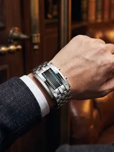 Cyberpunk Dual Row LED Binary Steel Band Electronic Watch, Mech Business Style Men's Creative Unique Electronic Watch, Single Pack