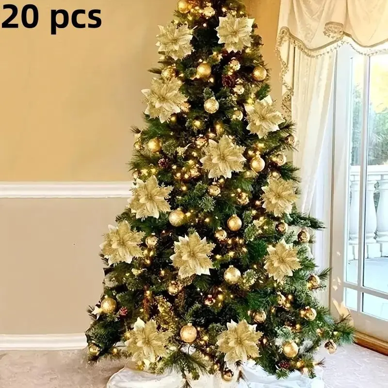 20pcs Double Layered Border Christmas Flowers, Artificial Poinsettia Wreath Accessories, Sparkling Tree Decorations for Holidays