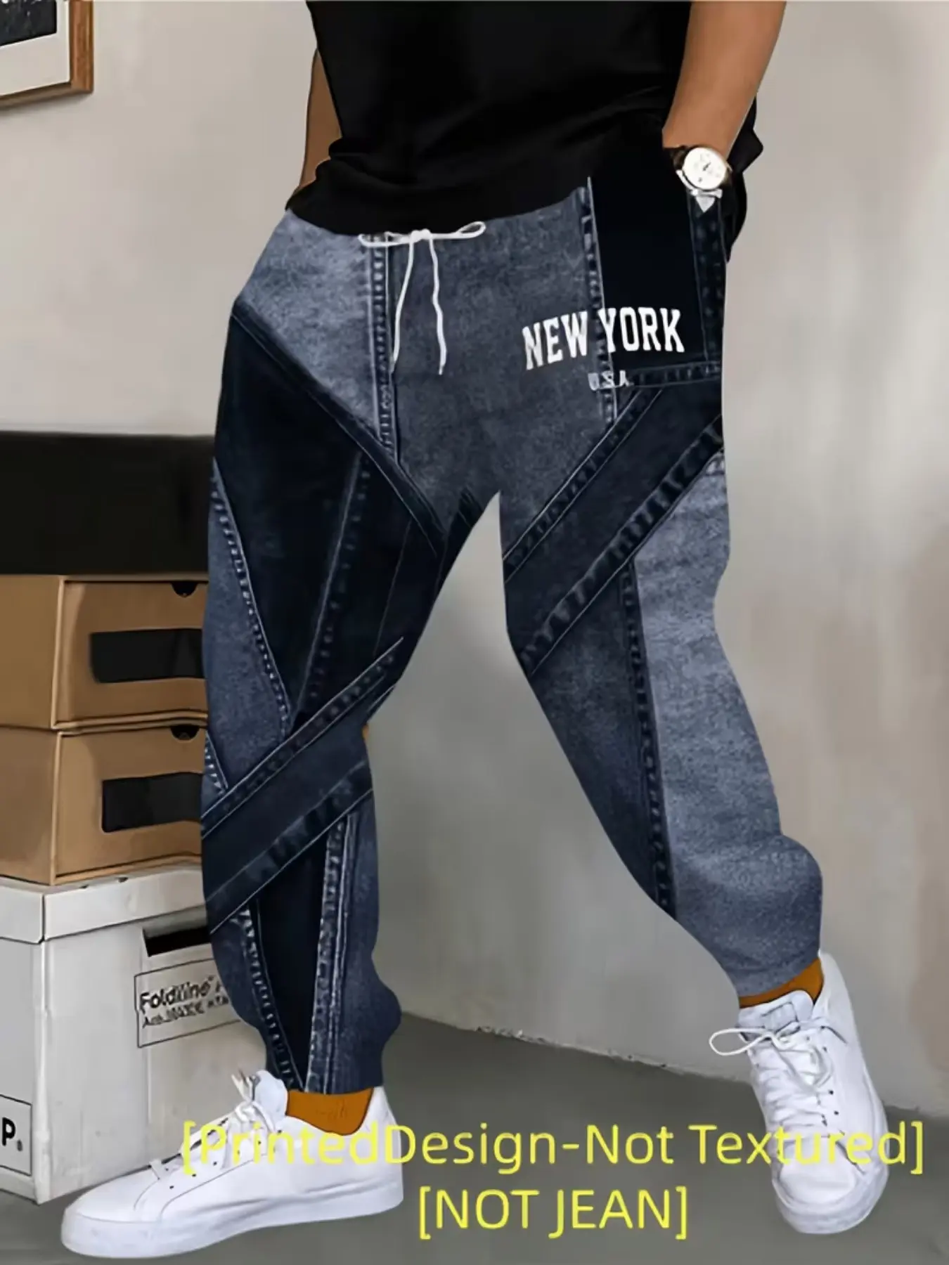 Trendy Patchwork Denim Drawstring Sweatpants for Men, New Loose Sports Pants, Fashion Street Style Casual Long Pants