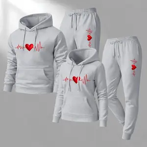 Couple's Heartbeat Print Hooded Sweatshirt and Drawstring Sweatpants Set, Casual Sportswear, Long-Sleeve Hooded Jacket and Pants, Suitable for Autumn, Winter, and Spring, Everyday Wear, Tracksuit, Casual Athletic Wear