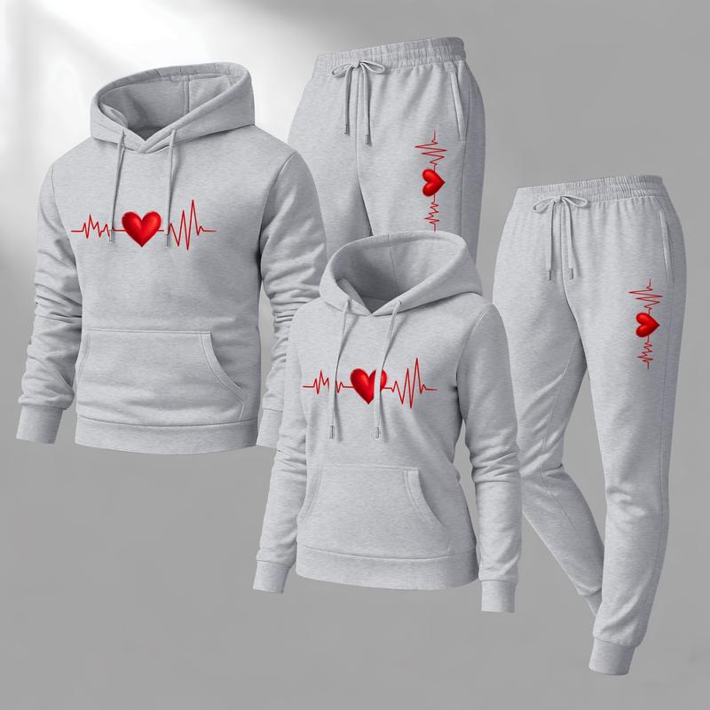 Couple's Heartbeat Print Hooded Sweatshirt and Drawstring Sweatpants Set, Casual Sportswear, Long-Sleeve Hooded Jacket and Pants, Suitable for Autumn, Winter, and Spring, Everyday Wear, Tracksuit, Casual Athletic Wear