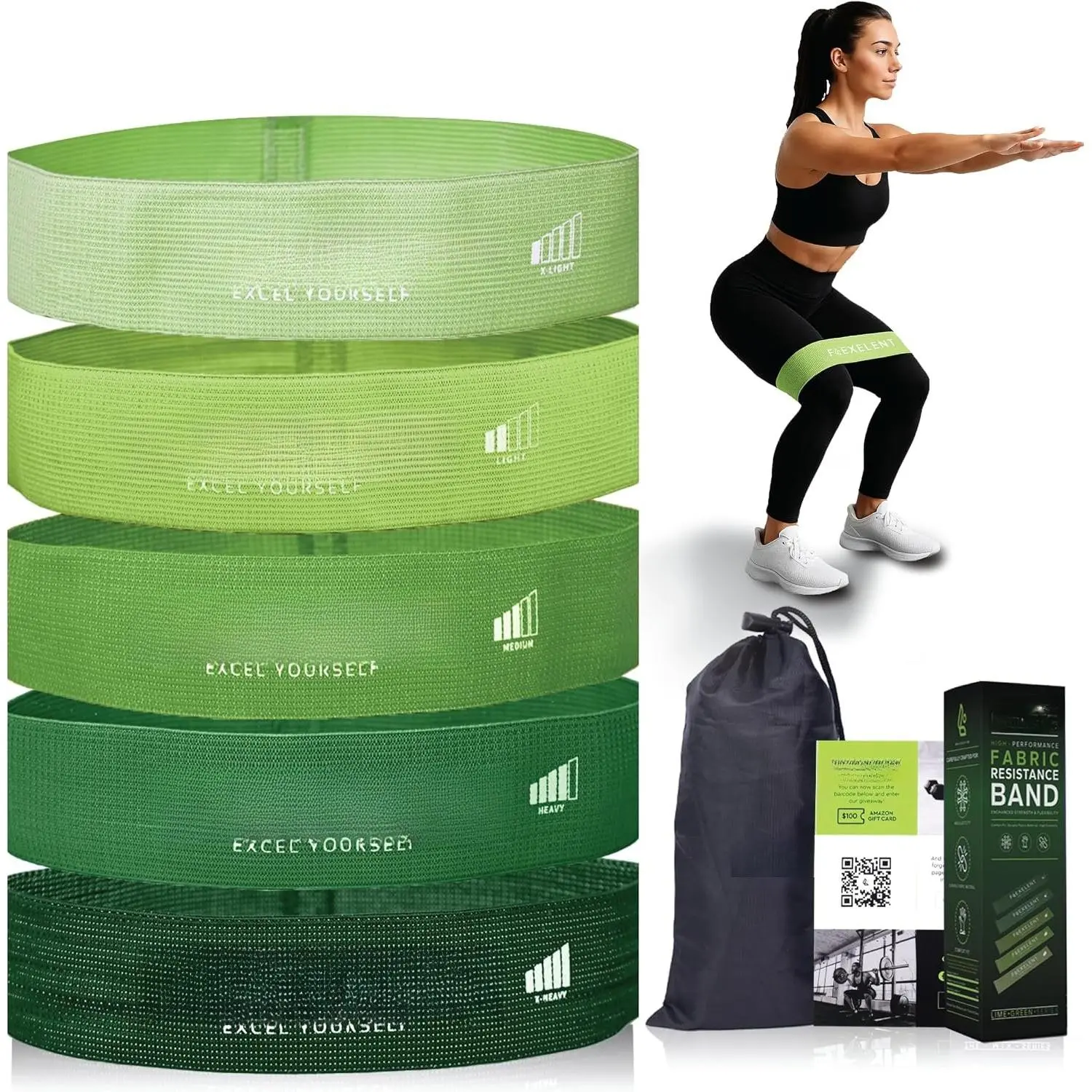 Short Fabric Resistance Bands for Working Out, 5 Strength Levels | Soft, Thick, -Friendly Fabric | Color-Coded Strength Levels | With Drawstring Storage Bag