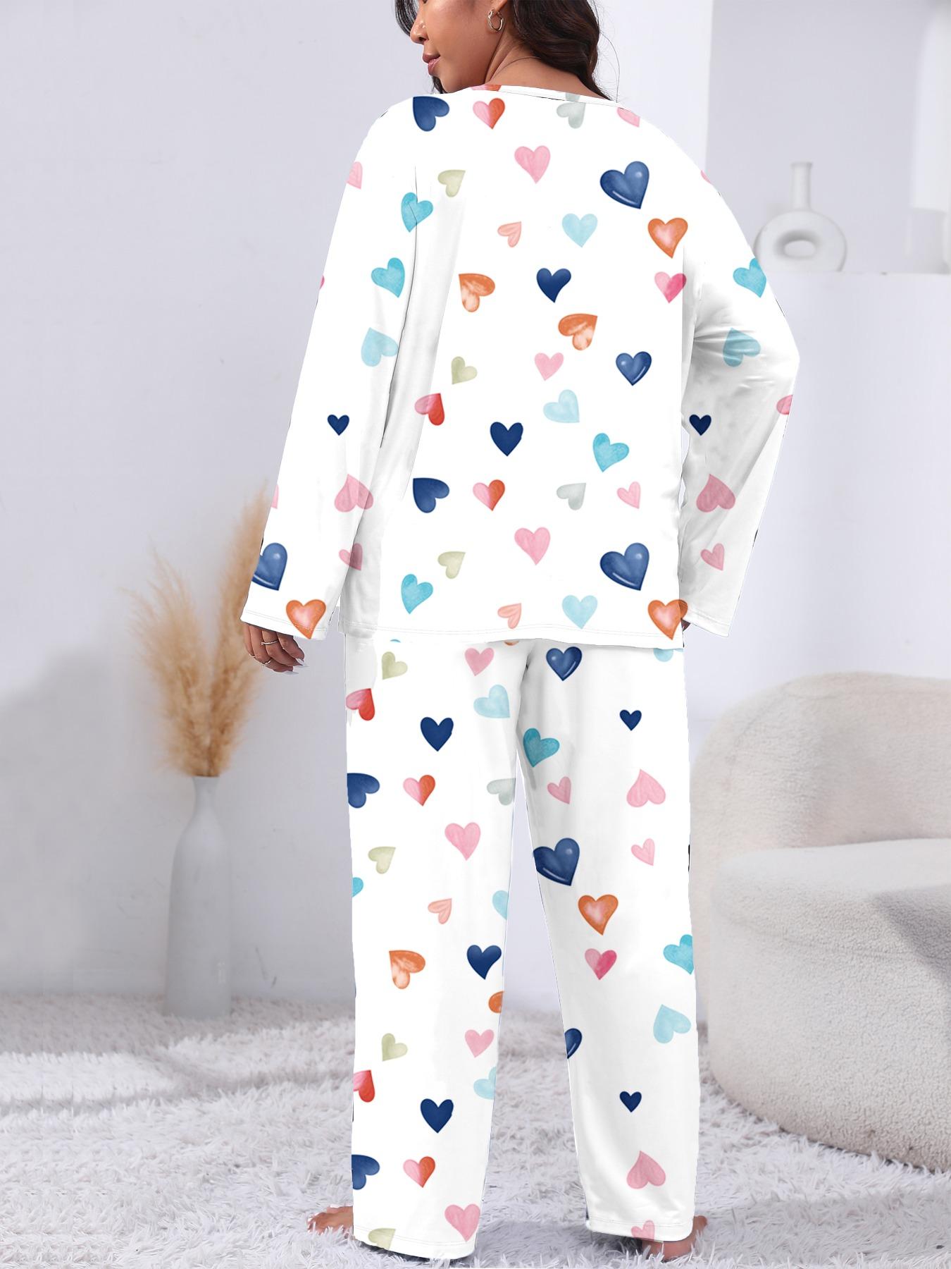 Plus Size Two-Piece Heart Print Pajama Set, Casual Long Sleeve Tee & Pants, Women's Plus Sleepwear & Homewear for Spring & Fall