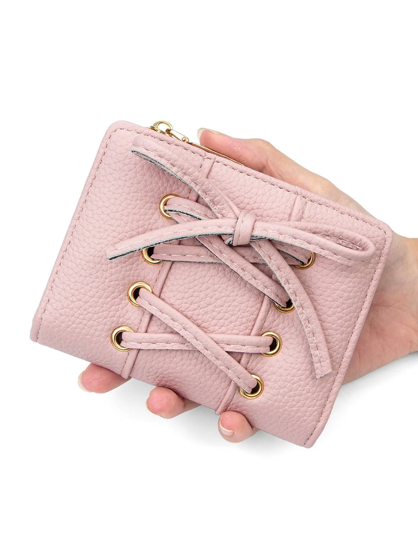 Pink Lace-Up Bow Design Short Zip Around Wallet, Compact Mini Coin & Card Purse with Zipper Pull Tab for Women Daily Cards, Coins & Cash Storage