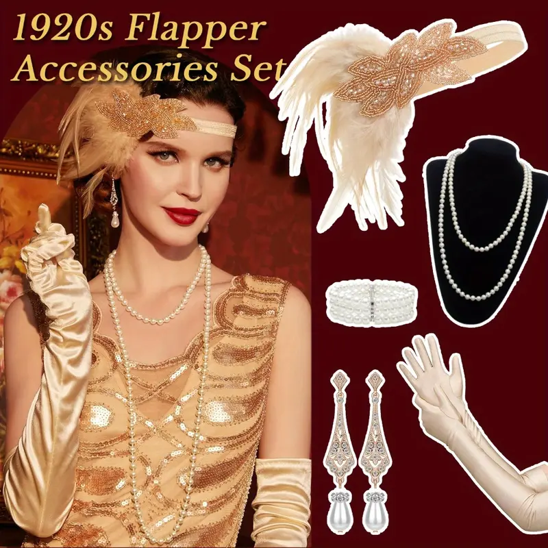️5PCS 1920s Gold Accessories Flapper Great Gatsby Vintage Retro Costume Set NEW Great Gatsby Accessories | eBay main image 4