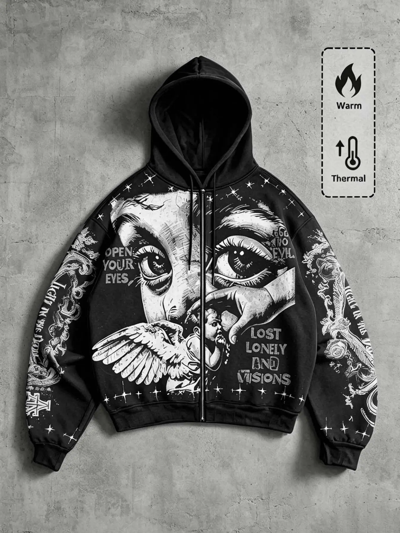 Vintage Angel Eye Pattern Hooded Zipper Oversized Sweatshirt, Men's Warm Hoodie Jacket, Y2K Gothic Streetwear, Artwork Sweatshirt, Full Print Sports Sweatshirt