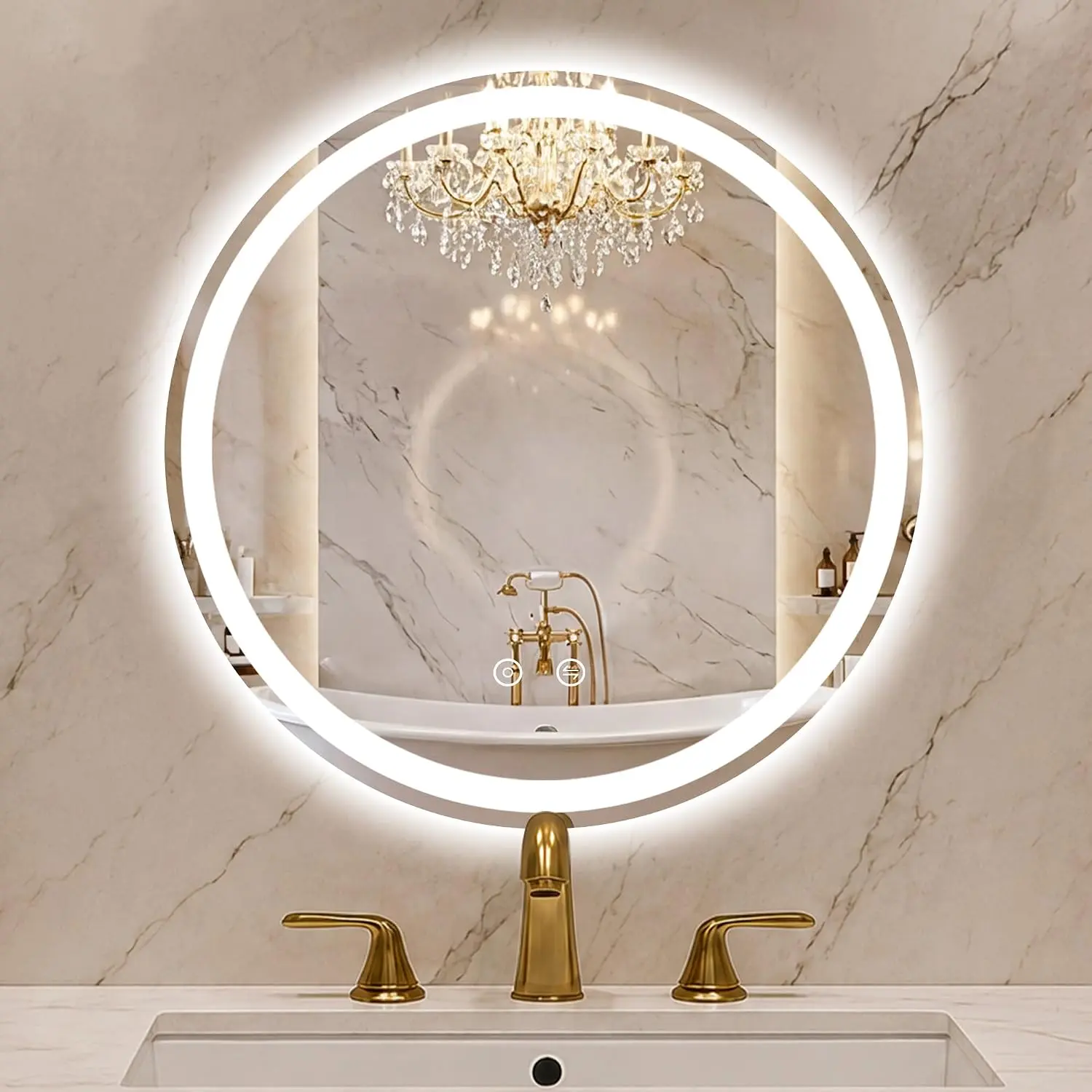 24 Inch Modern Round LED Lighted Bathroom Mirror - Tempered Glass, Anti-Fog, Dimmable 3 Colors, Front+Backlight, Shatterproof, Memory Function