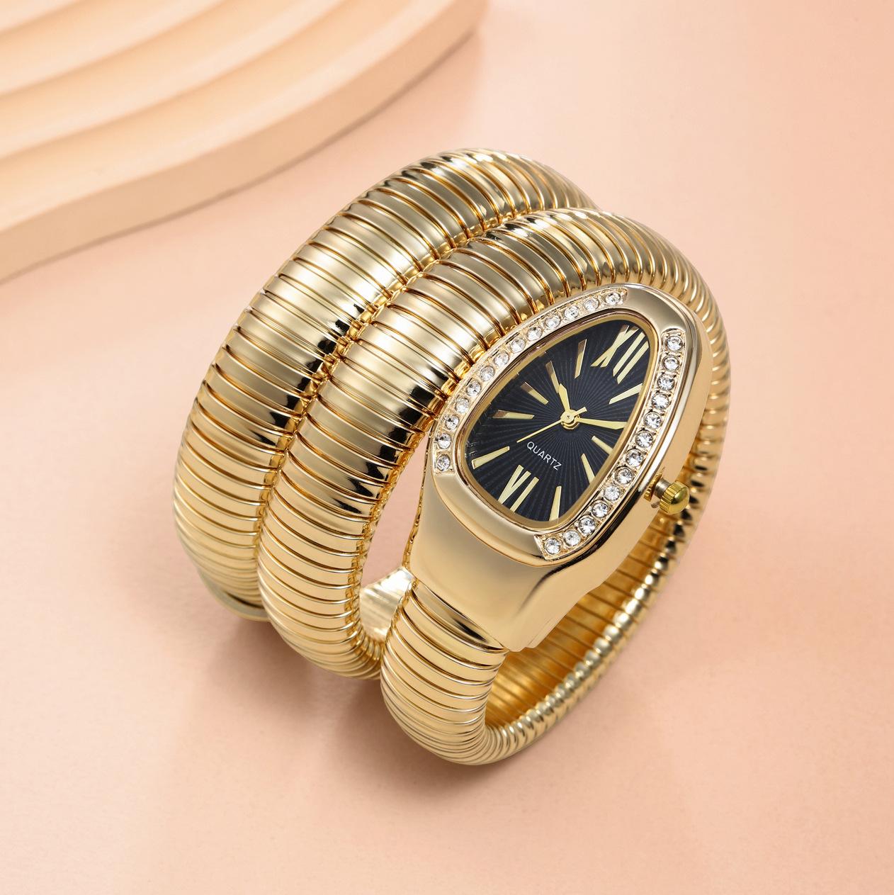 Women's Luxury Gold Snake Bangle Quartz Watch - Wrap Around Wristwatch with Crystal Diamond Bezel, Mother of Pearl Dial, Roman Numerals, Elegant Retro Statement Timepiece, Perfect Gift for Her