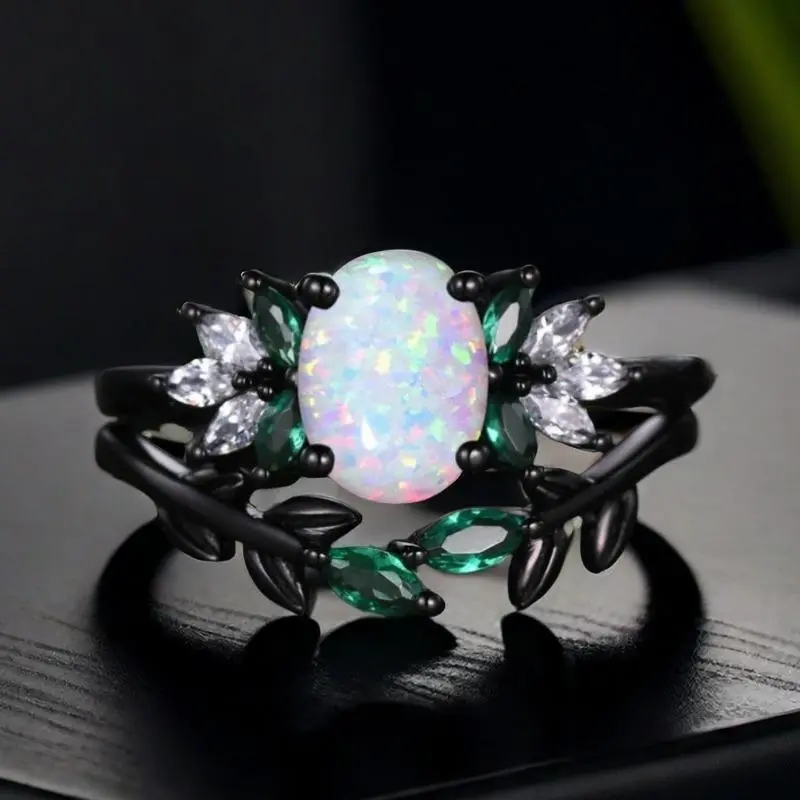 2-Piece Shiny Black Synthetic Opal Oval  Couple Rings - Ladies' Engagement & Bridal Jewelry, Ideal Gift for Valentine's Day, Anniversary, Halloween, Christmas & Mother's Day