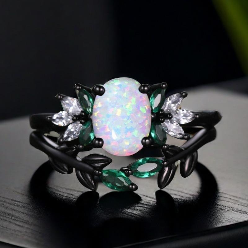 2-Piece Shiny Black Synthetic Opal Oval Couple Rings - Ladies' Engagement & Bridal Jewelry, Ideal Gift for Valentine's Day, Anniversary, Halloween, Christmas & Mother's Day