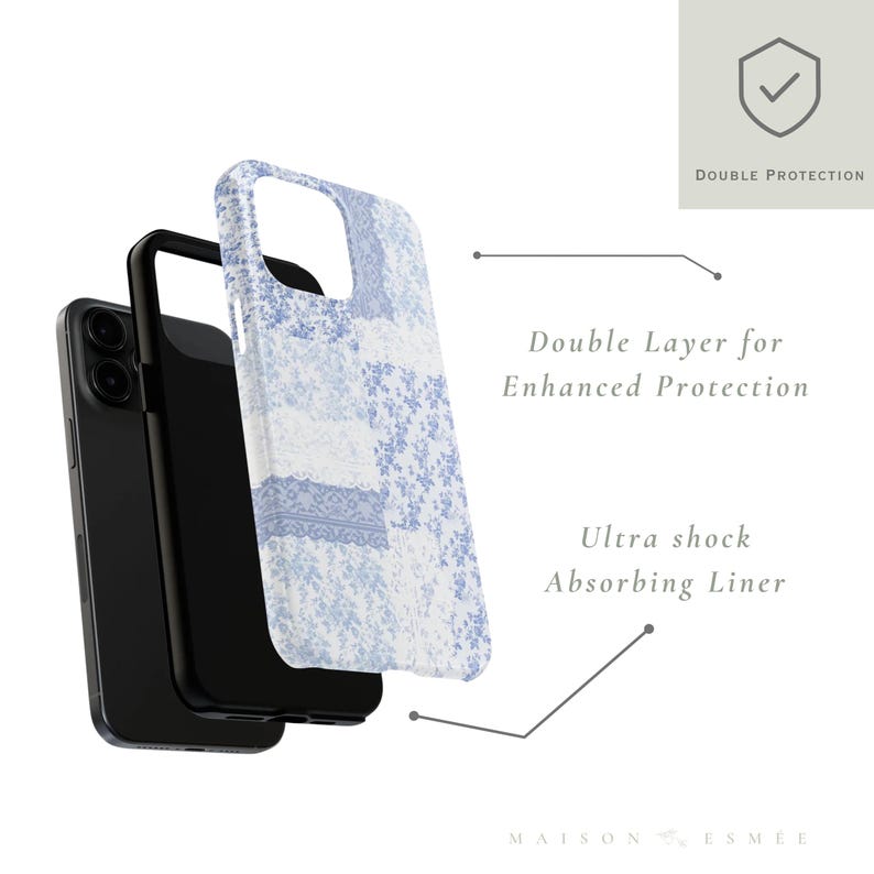 Pastel Blue Patchwork iPhone Case Collection - Toile, Bow, Cow Print, Floral & Lace Aesthetic - Slim, Durable Cover for iPhone  17 Pro Max Plus Air/16/15/14/13/12/11/X and other series models. Can be given as a holiday gift to friends or family.
