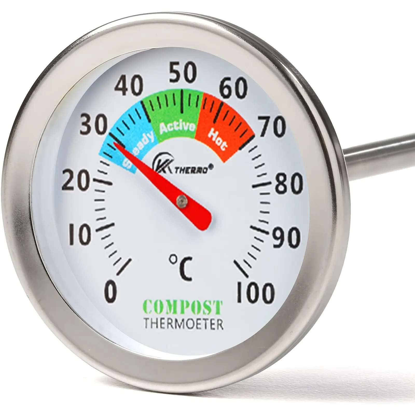 Extended Probe Compost Thermometer, 0-100℃ Color-Coded Dial, Battery-Free Mechanical Soil Temperature Meter, Ideal for Organic Composting & Gardening