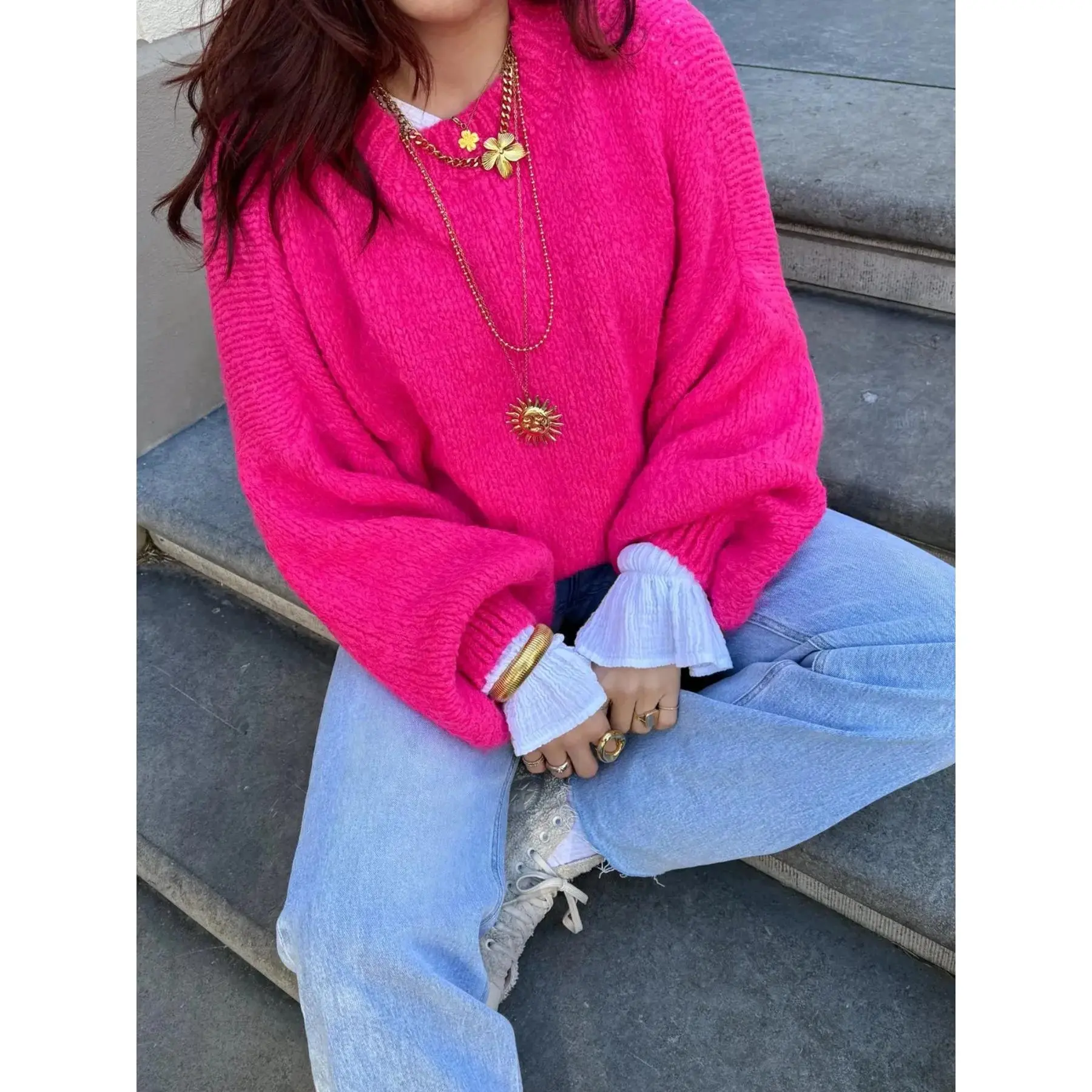 Women's Hot Pink Oversized Sweater, Winter Casual Bright Crew Neck Pullover, Loose Fitting Fuchsia Knit Top