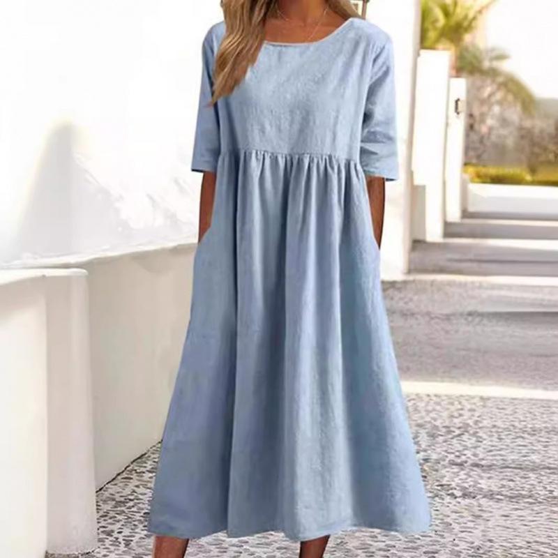 Summer New Cotton and Linen Casual Short Sleeve Pocket Fold Loose Round Neck Women's Dress
