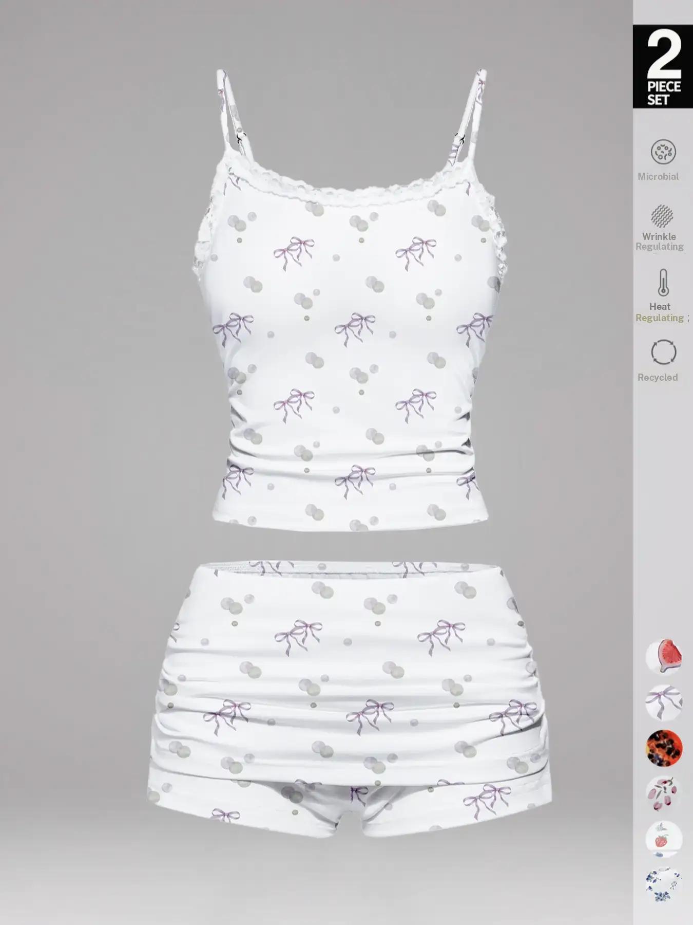 Women's Cherry Print Floral Cami Top & Shorts Pyjama, Casual Comfy Ruffle Trim Camisole & Shorts Pj Set, Ladies Sleepwear for Summer, Pajamas, Womenswear, Loungewear