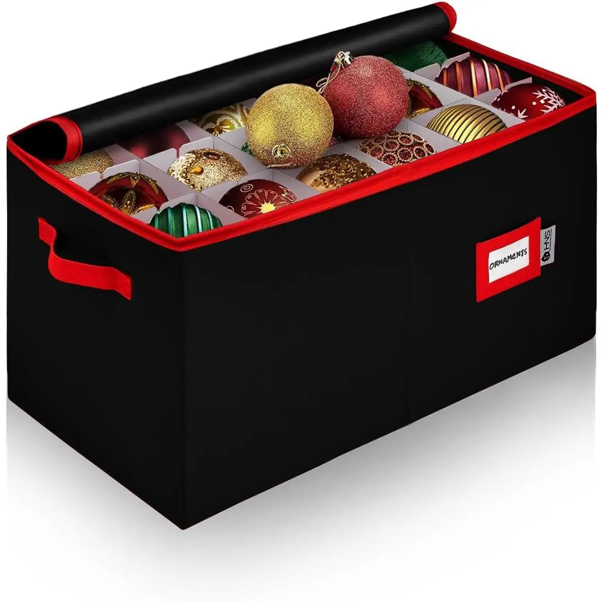 Christmas Ornament  Container with Dividers - Box Stores Up to 54 Ornaments, Zippered, Convenient, Adjustable, Large Organizer Bin to Protect Holiday Décor, Fits  Standard Size, Black