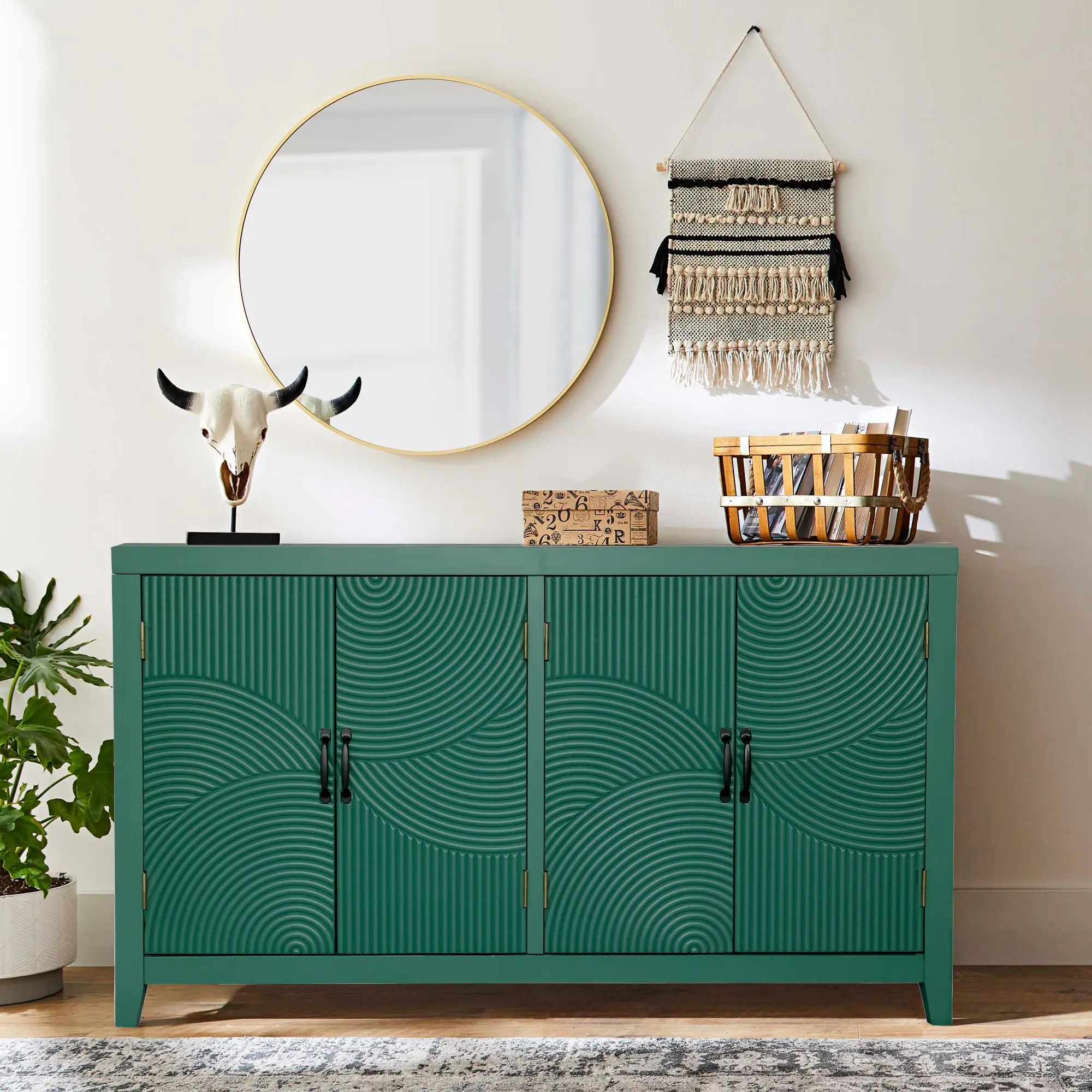 ARCH 59-in Green Mid-Century Modern Wood Accent Cabinet - 4-Door Single Unit Indoor Storage Organizer, Assembly Required - Sideboard Buffet Media Console for Living Room, Dining Room, 59 Inches