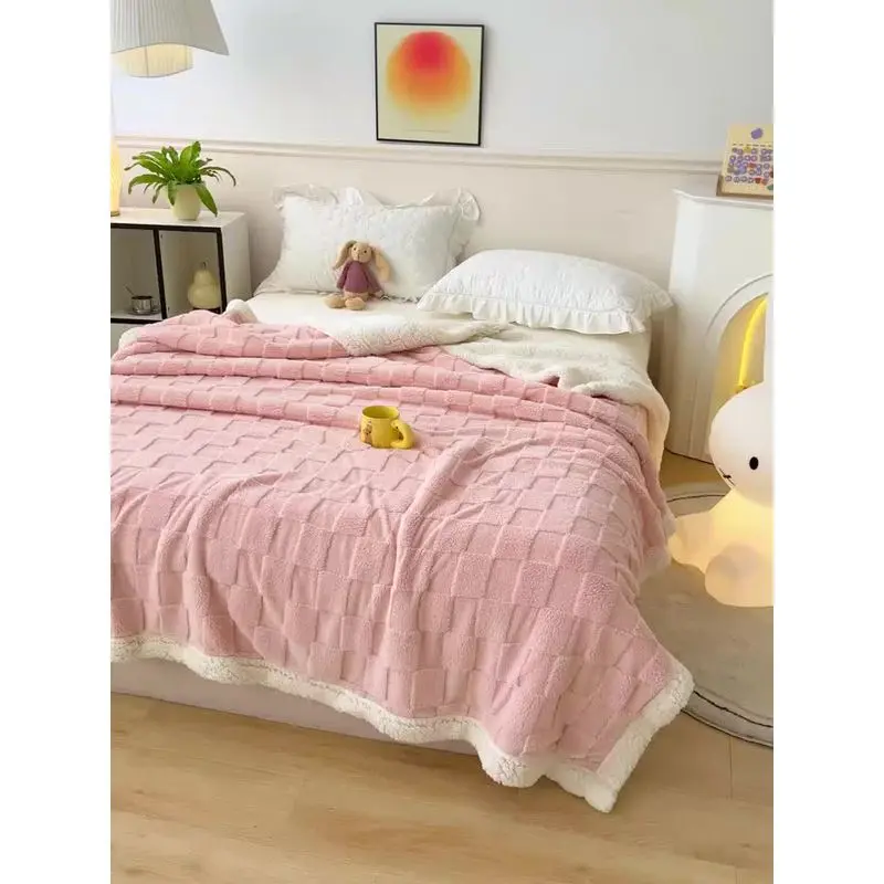Plaid Taffeta Lamb Fleece Blanket, Thick Warm, Cozy Blankets, Suitable for Autumn Winter, Single Double Use, Dormitory Sofa Cover Blanket