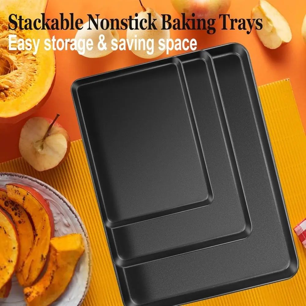 Stackable Non-Stick Baking Tray Set, 3-Piece Carbon Steel High Quality Bakeware, Versatile Oven Trays for Cookies, Cakes, Meat, Space-Saving Design