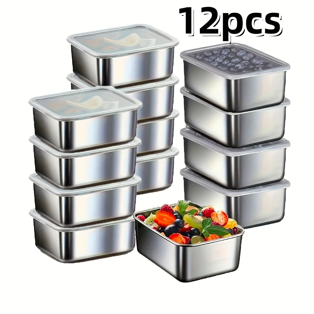 12 Stainless Steel Food Storage Containers with Plastic Lids, Reusable, Stackable, Leak-Proof, Fruit Containers, Ideal for Kitchen, Outdoor Picnic, Food Preservation
