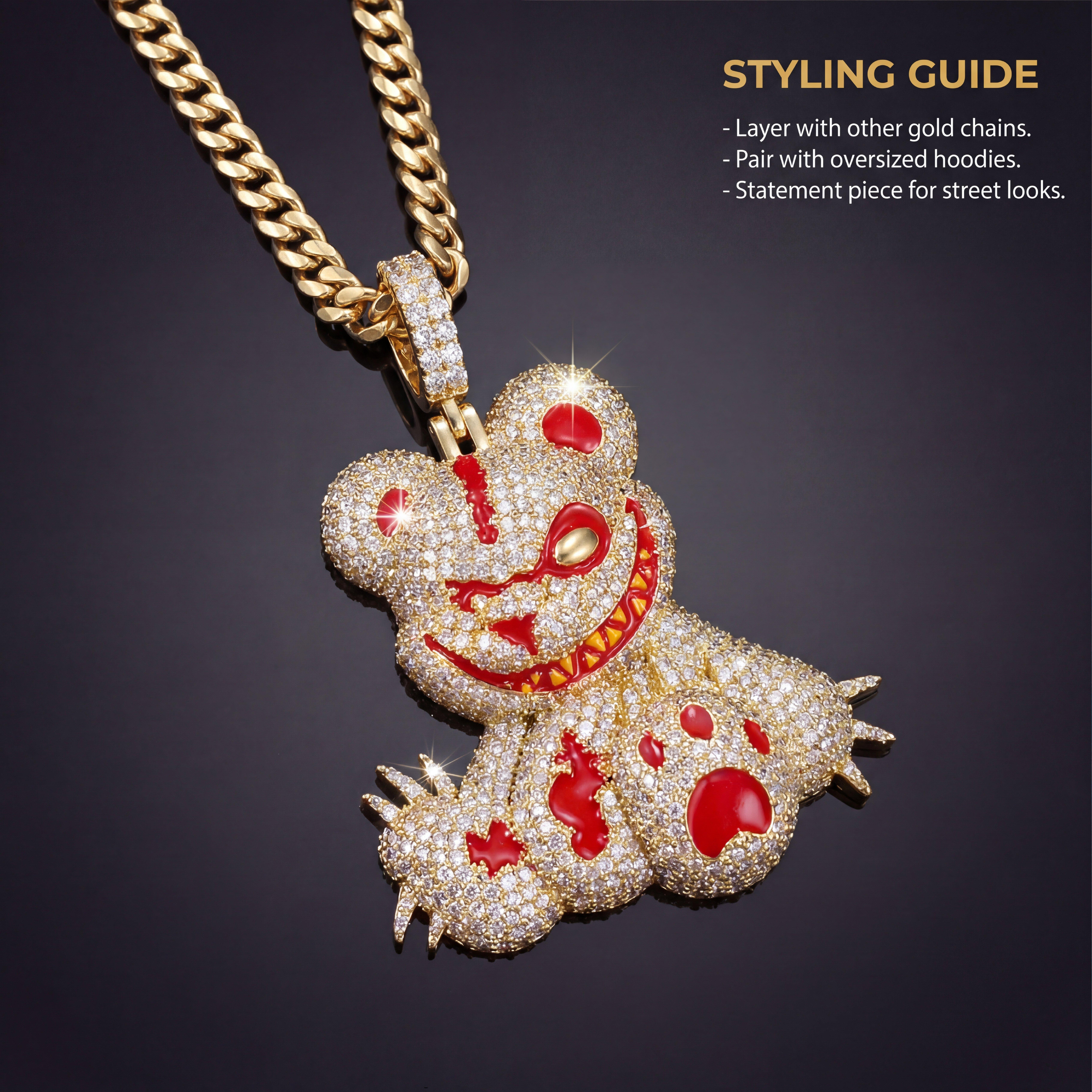 Iced Out Evil Teddy Bear Pendant Necklace, Savage Bloody Bear Mascot CZ Hip Hop Jewelry, Edgy Y2K Street Luxury Drip with Rope Chain Iced Out Evil Teddy Bear Pendant Necklace, Savage Bloody Bear Mascot CZ Hip Hop Jewelry, Edgy Y2K Street Luxury Drip with Rope Chain