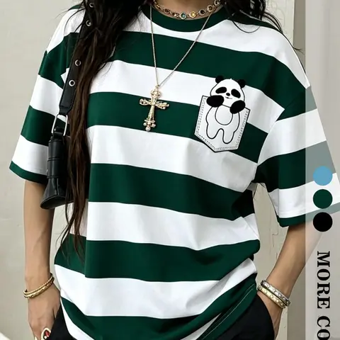Women's Casual Loose Fit Oversized Striped Short Sleeve Top, Korean Style Summer Fashion, Comfortable Daily Wear, Trendy Ladies' Clothing, Casual Comfy Top