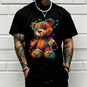 Colorful Patchwork Teddy Bear Graphic T-Shirt for Men Women, Cute Plush Bear Tee, Kawaii Cartoon Art Shirt, Trendy Streetwear Top, Soft Cotton Graphic Tee, Gift for Bear Lovers, Unisex Casual Fashion