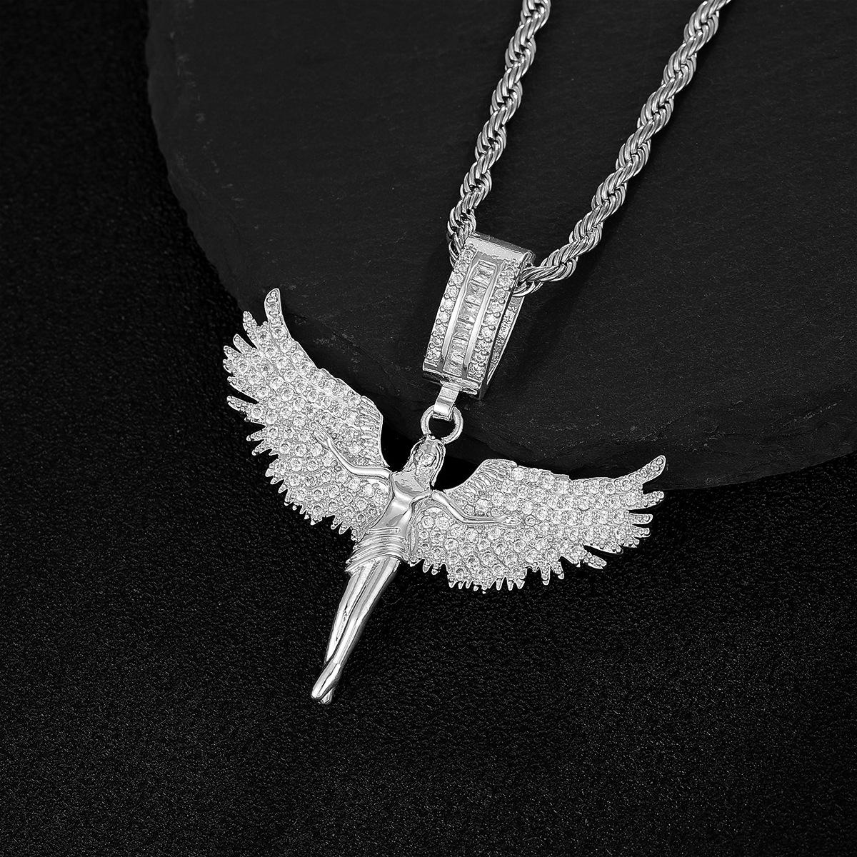 Full of Diamonds Angel Muse Spreads Wings Three-dimensional Feathers Fallen Angel Pendant | Hip Hop Trend Sweater Chain for Men and Women | Dainty Gold Initial Letter Necklace | Stylish Daily Wear Jewelry & Perfect Gift for Him