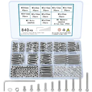 840 count M3 Screws, Nuts and Washers Set - Hex Socket  Cap Screws Kit - Metric   - Stainless Steel Machine Screws - Fully Threaded Hex Nuts