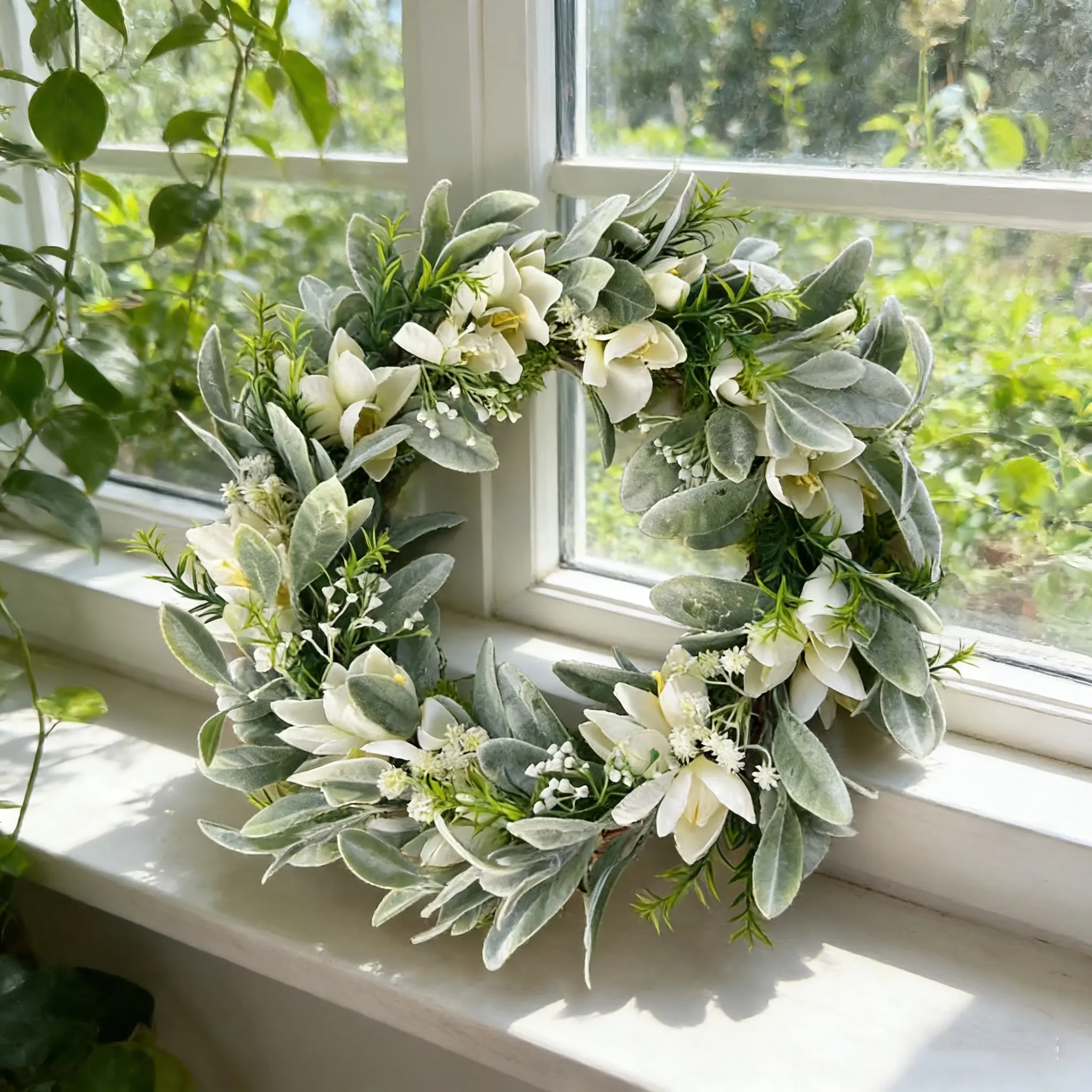 Artificial Spring Tulip Wreath, Lambs' Ear Accents, Elegant Floral Arrangement, Perfect for Easter & Living Room Decor