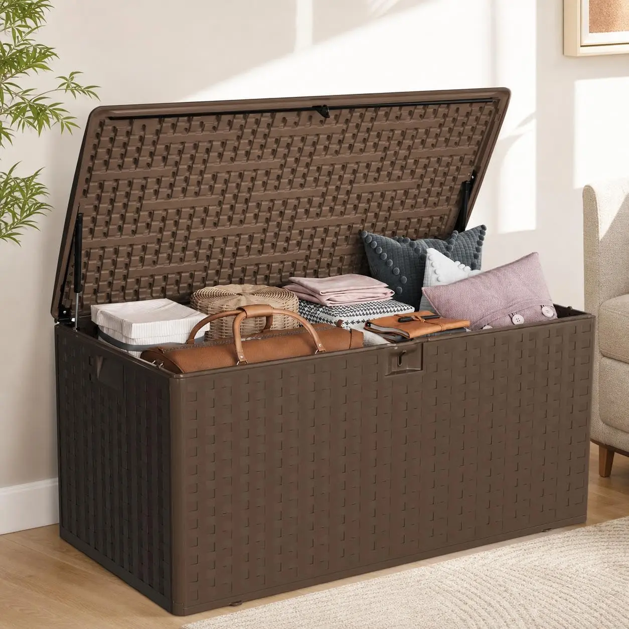 GARVEE 99 Gallon Large Outdoor Storage Box - Waterproof Resin Deck Box with Lockable Lid & Gas Struts, All-Weather Patio Storage Bench for Cushions, Pool Toys, Garden Tools, Rattan Texture, Brown