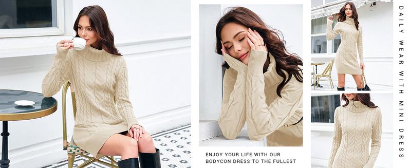 Saodimallsu Womens Cable Knit Sweater Dress Sexy Long Sleeve Bodycon Turtleneck Mini Fall Sweaters Dresses
