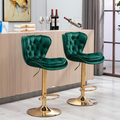 Set of 2  Bar Stools,with Chrome Footrest and Base Swivel Height Adjustable Mechanical Lifting Velvet + Golden Leg Simple Bar Stool-blue