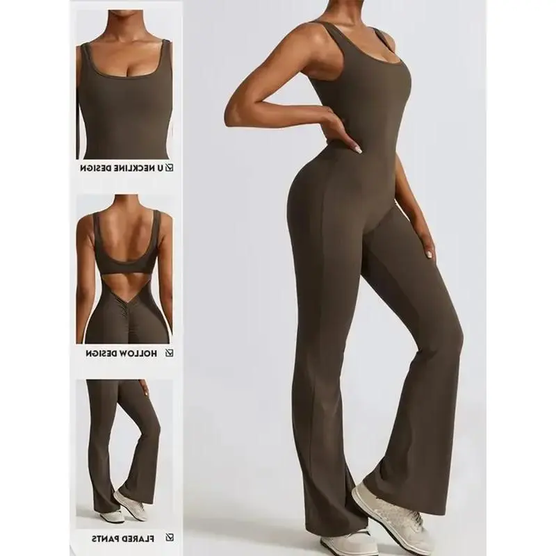 Gym Set Women Sport One-Piece Suit Yoga Suit Flared Pants Women Push Up Jumpsuit Fitness Rompers Workout Bodysuits ﻿,Padded,Tummy,Control