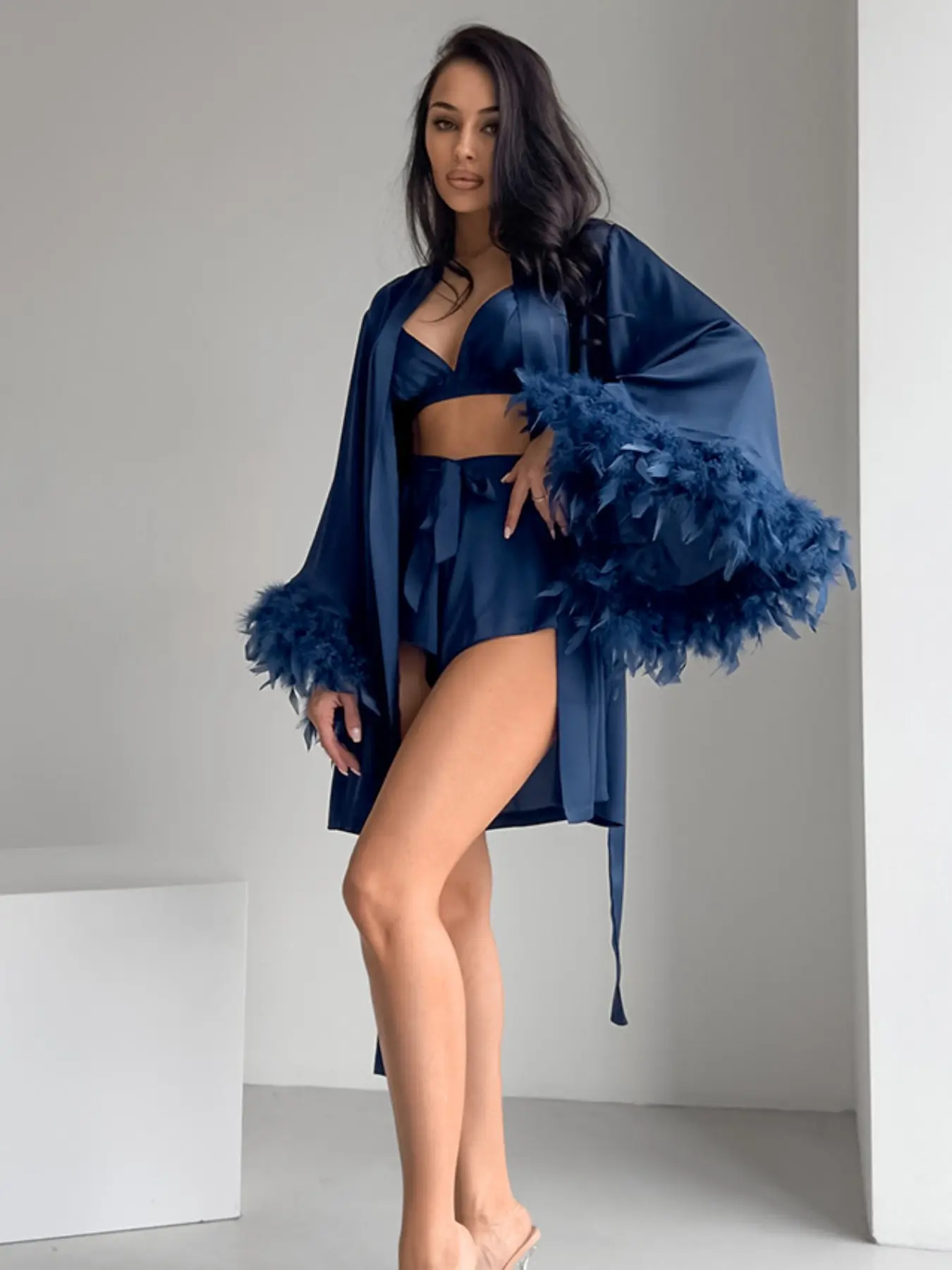 Elegant Feather Trim Pajama Set, Ultra-Soft Silky Fabric, 3-Piece Breathable Loungewear, Lightweight All-Season Home Wear