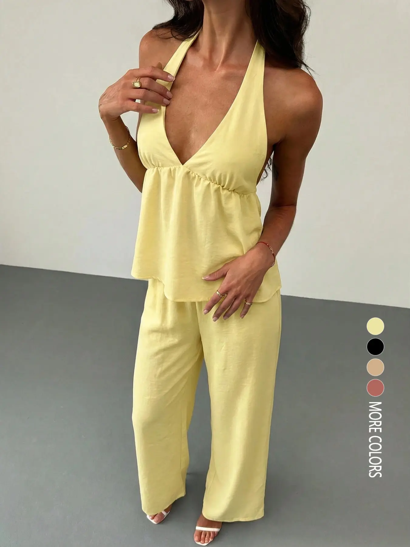 Women's casual solid color sexy elegant V-neck halter neck trouser suit, suitable for everyday outings, dates, club parties Going Out Sets Casual Chic Set