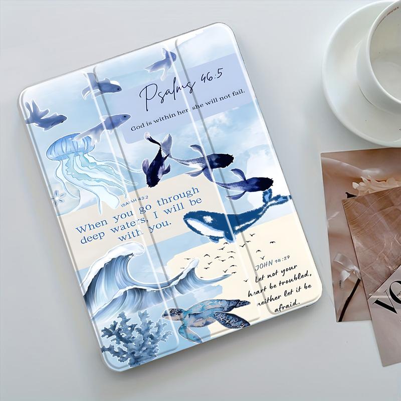 Psalm 46:5, 43:2, John 14:27 (Bible verses)  Marine life design, with adjustable stand and pen slot, foldable anti-slip TPU protective case, suitable for Samsung, iPad mini, iPad Air, iPad Pro/iPad 10th generation, 11th generation, and other iPad series