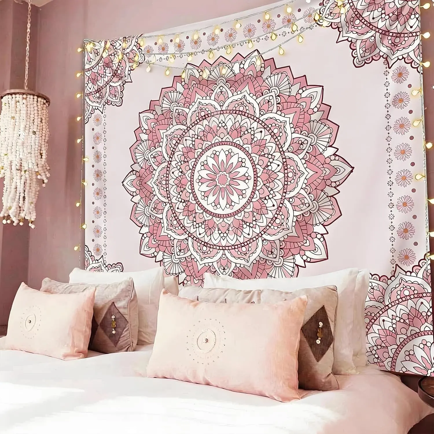 Boho Pink Mandala Tapestry 51''x60'' Aesthetic Large Wall Hanging, Cute Bohemian White Floral Hippie Tapestries for Teen Girls Bedroom College Dorm Camping Decor Flower Backdrop
