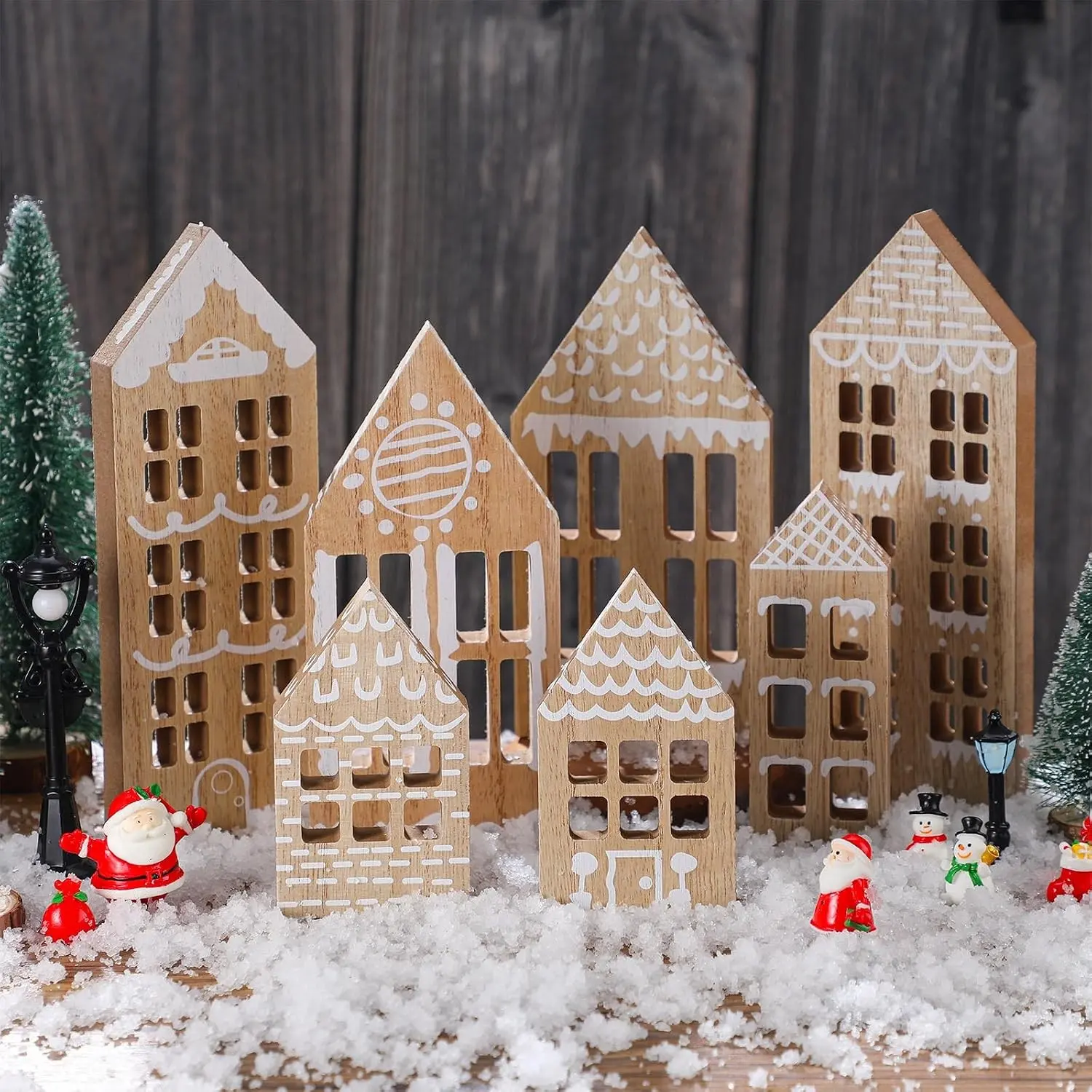 7 Pcs Wooden Christmas Village Set Gingerbread House Decor Winter Desk Shelf Ornament for Home Office Coffee Bar Tabletop(Gingerbread Colors)