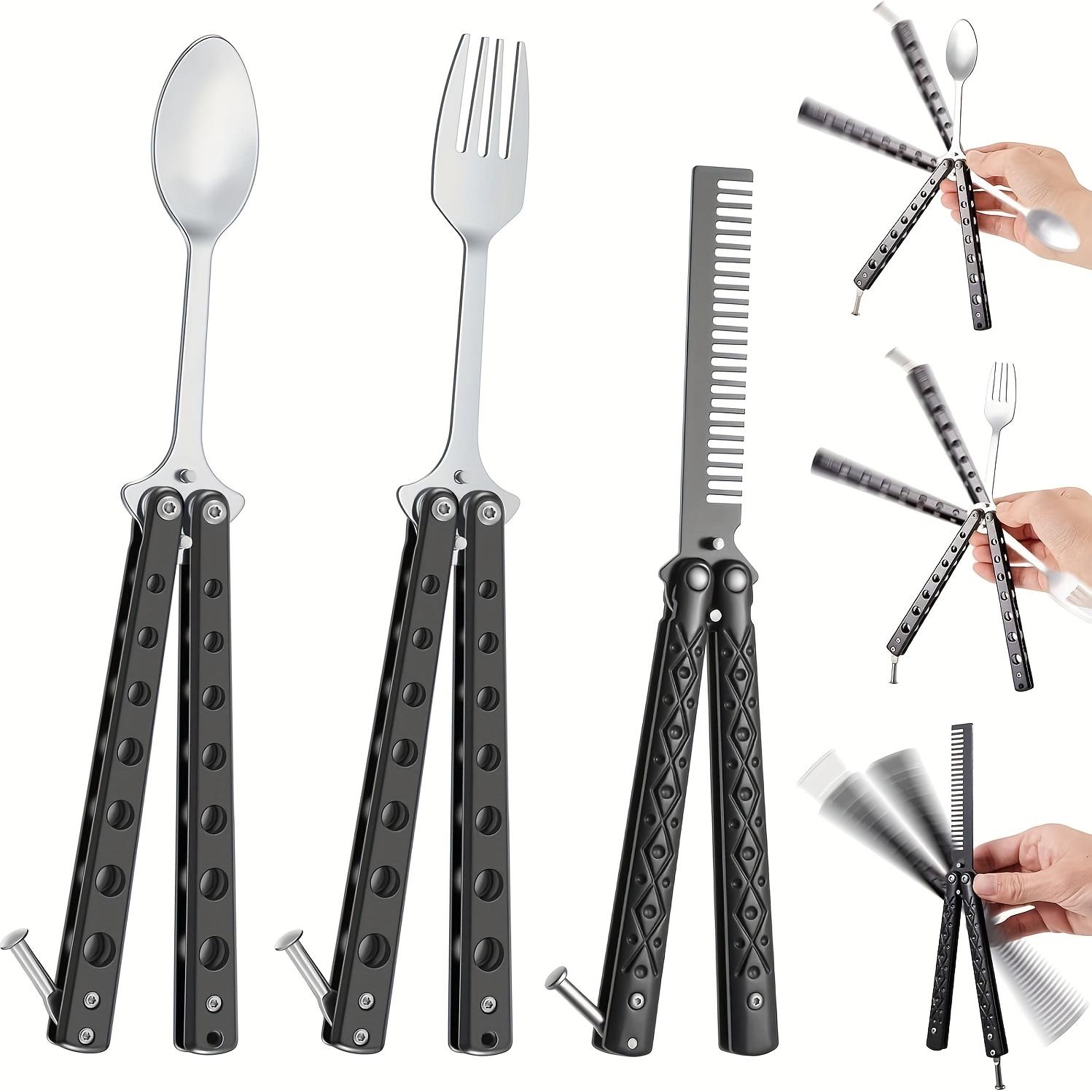 For Camping, Hunting & Outdoor Travel, Portable Tactical Tableware Solution, Folding Butterfly Fork Spoon Set, Stainless Steel Multi-function Portable, Effortlessly Handle Outdoor Tactical Portable Dining, 3 Pack