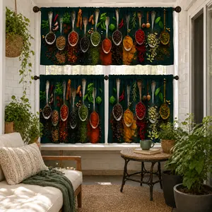 SoftHaven Home 3-Piece USA-Made Polyester Fabric Print Kitchen Curtain Valance - 2D Spice Spoon Pattern, Light Filtering, Ideal for Home, Cafe Decor, Fabric Print Curtains