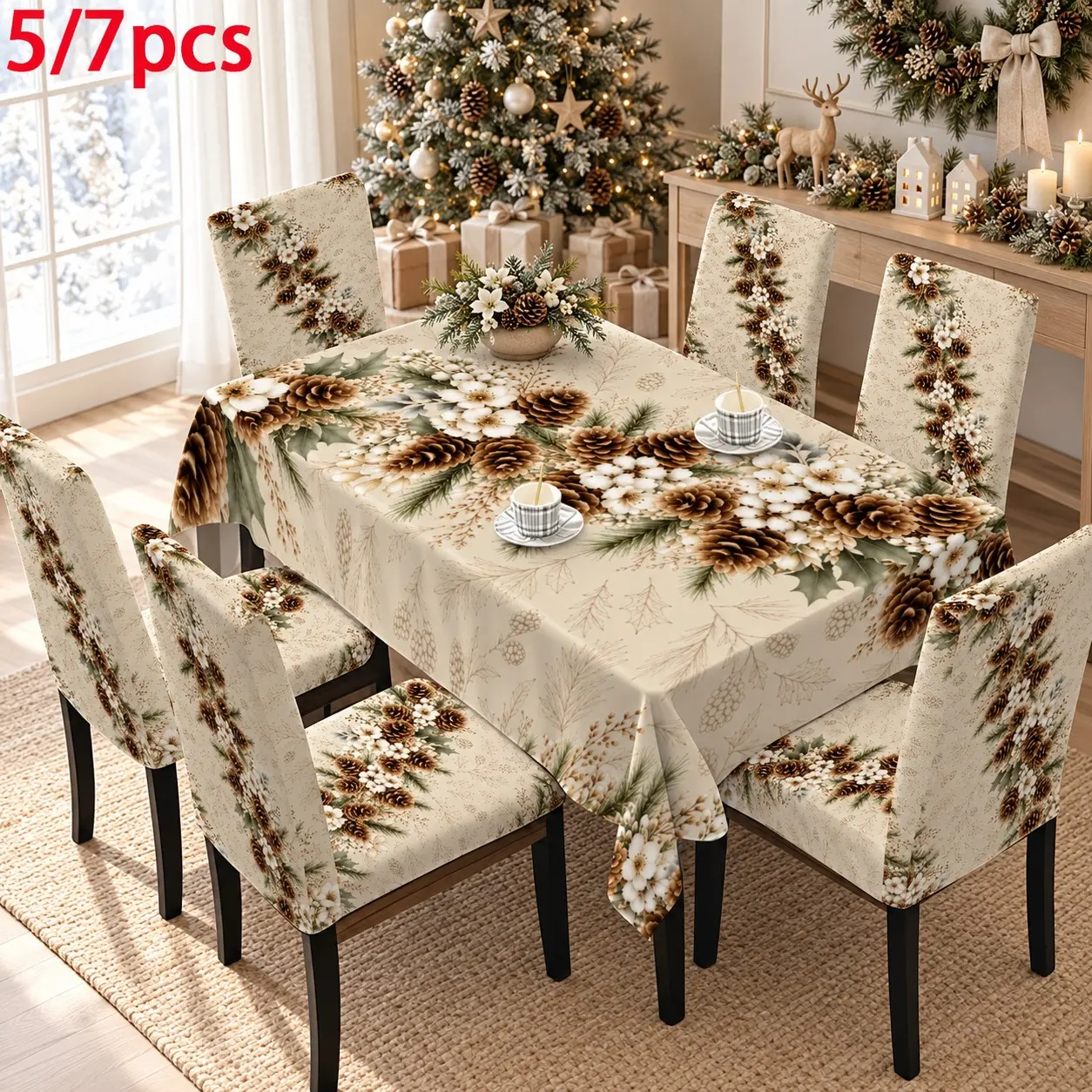 5PCS/7PCS Christmas light beige pine nut dried flower tablecloth chair cover set (1 tablecloth+4/6 chair covers) 140 * 210cm tablecloth, easy to disassemble and wash, suitable for autumn home decoration/kitchen decoration; Suitable for camping, weddings