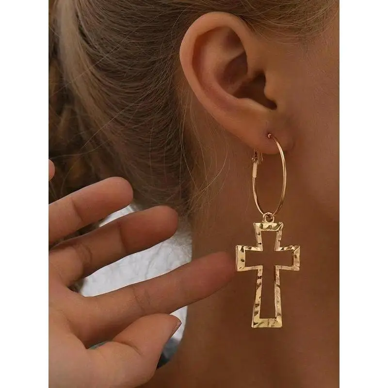 Hammered Hollow Cross Hoop Dangle Earrings For Women, Minimalist Open Cross Drop Huggie Hoops, Textured Metal Religious Statement Jewelry, Gold Silver Two Tone Options, Lightweight Vintage Punk Accessory For Daily Street Outfit Church Party Holiday Gift